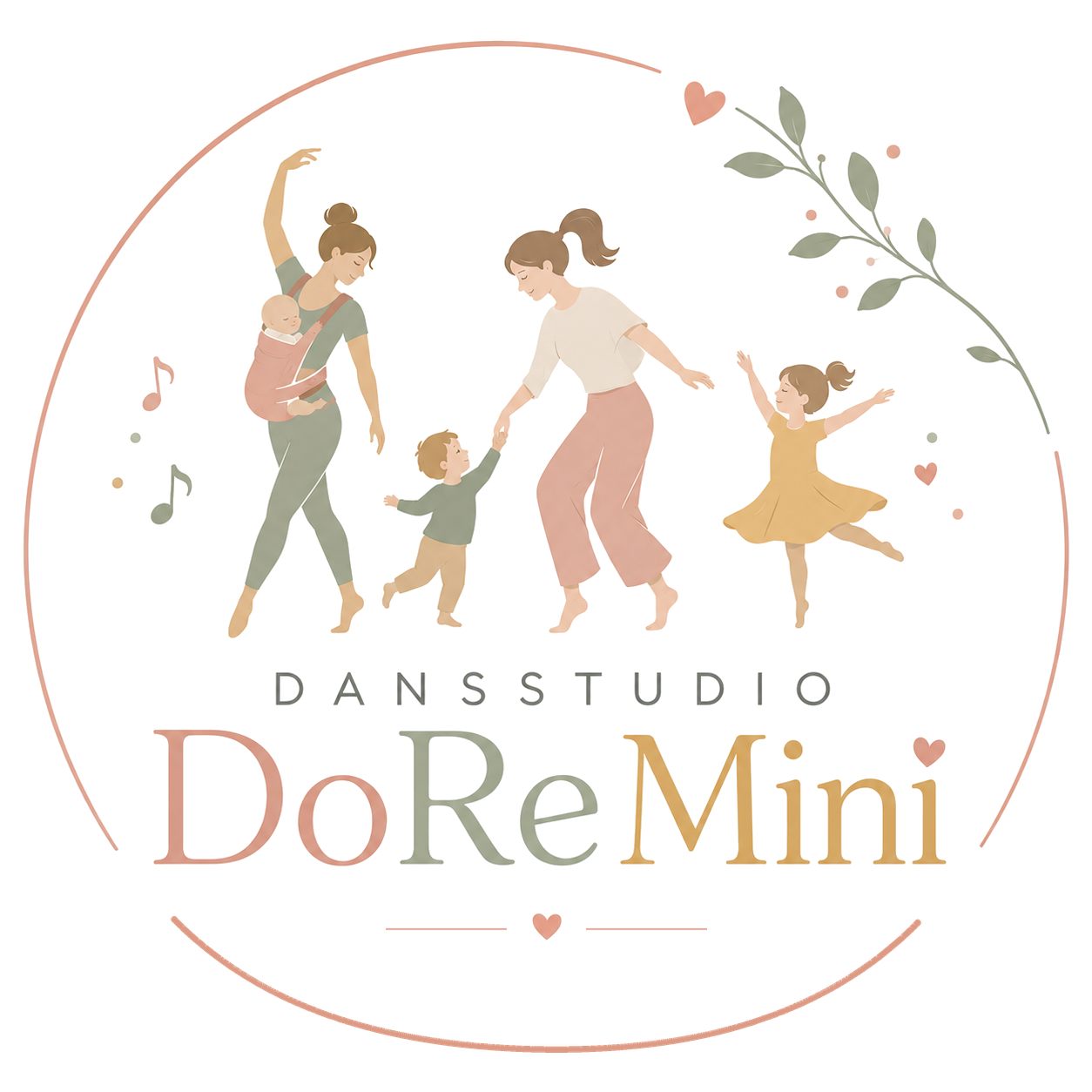 DoReMini Dansstudio: een ouder met baby in draagzak, een ouder met peuter en een dansend kleutermeisje